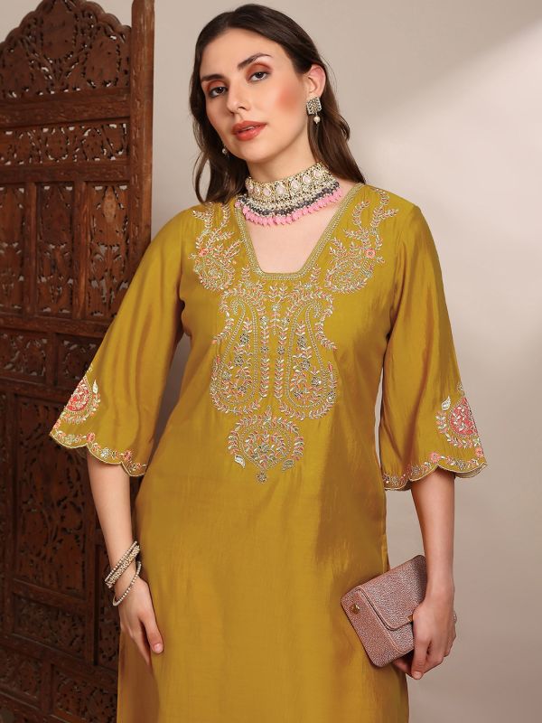 Globus Women Yellow Zari Embroidered Yoke V-Neck Scalloped Bell Sleeves Straight Kurta With Pants Festive Set