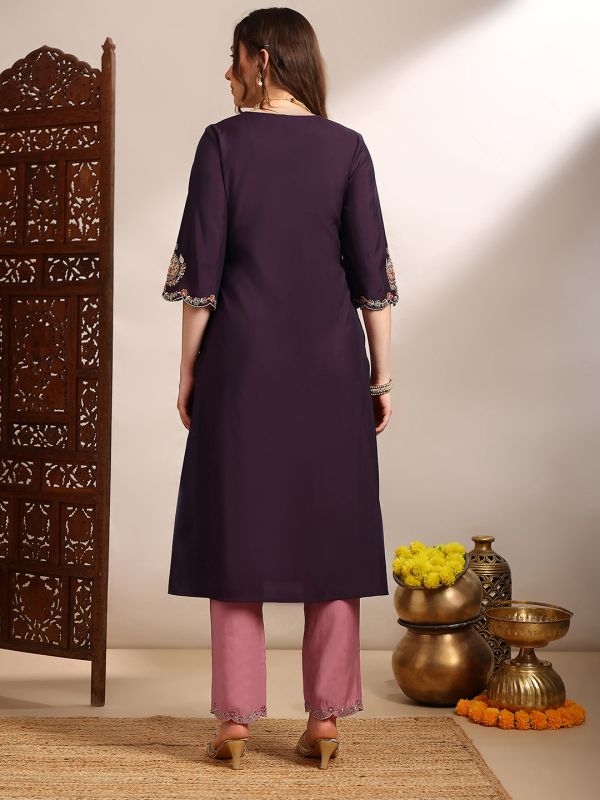 Globus Women Purple Zari Embroidered Yoke V-Neck Scalloped Bell Sleeves Straight Kurta With Pants Festive Set