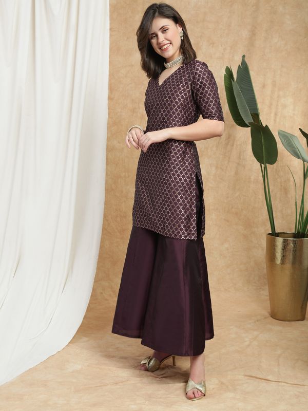 Globus Women Maroon V-Neck Short Sleeves Brocade Jaal Print Kurti With Flared Palazzo Festive Set
