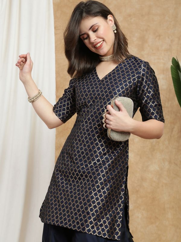 Globus Women Navy Blue V-Neck Short Sleeves Brocade Jaal Print Kurti With Flared Palazzo Festive Set