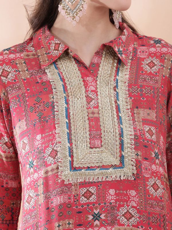 Globus Women Pink Ethnic Motifs Foil Print Collared Neck Lace Insert Yoke Straight Kurta With Pant Festive Set