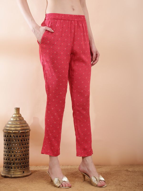 Globus Women Pink Ethnic Motifs Foil Print Collared Neck Lace Insert Yoke Straight Kurta With Pant Festive Set