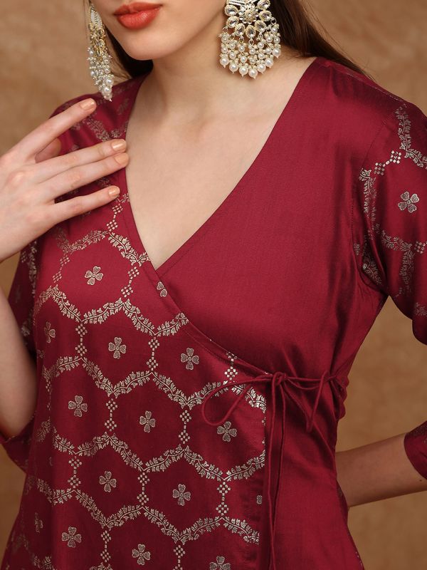 Globus Women Maroon V-Neck Floral Foil Print Angrakha A-Line Kurta With Pants Festive Set