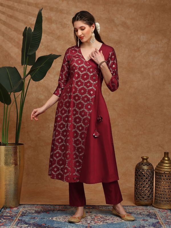 Globus Women Maroon V-Neck Floral Foil Print Angrakha A-Line Kurta With Pants Festive Set