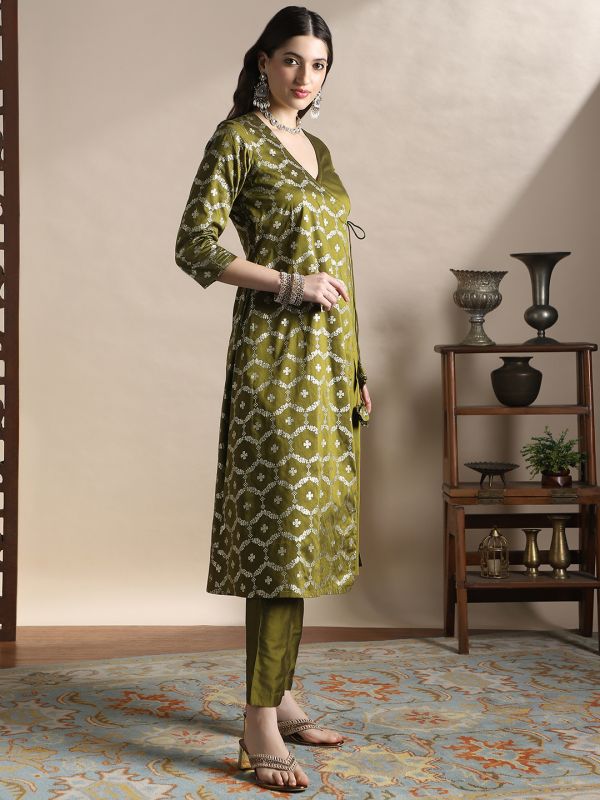 Globus Women Olive V-Neck Floral Foil Print Angrakha A-Line Kurta With Pants Festive Set