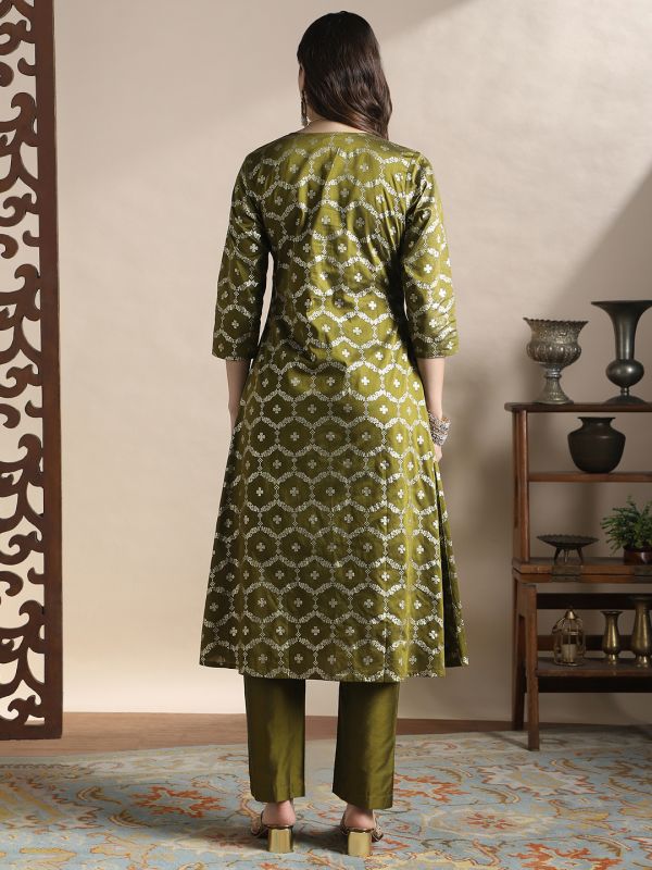 Globus Women Olive V-Neck Floral Foil Print Angrakha A-Line Kurta With Pants Festive Set