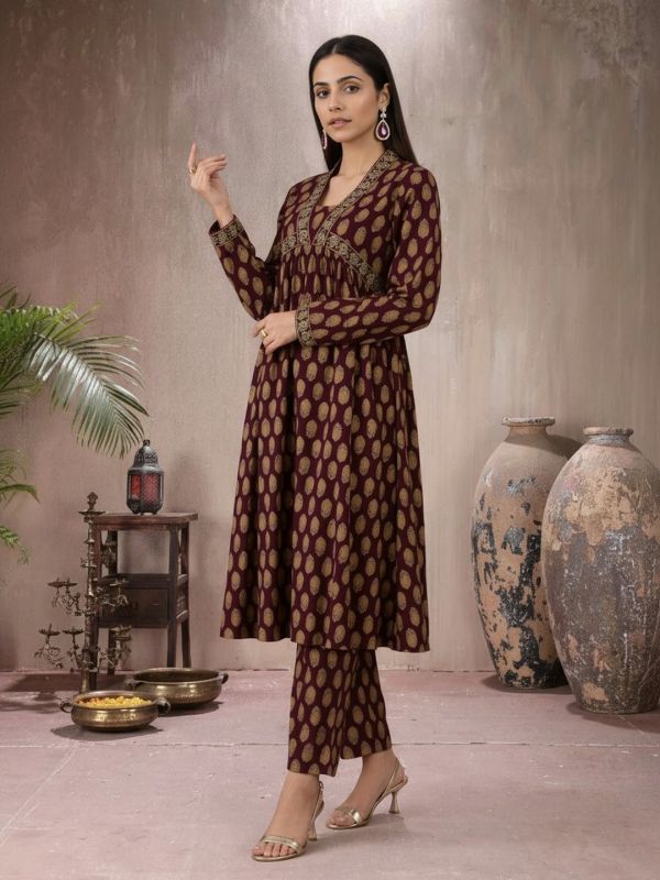 Globus Women Wine Embroidered V-Neck Gold Foil Floral Print Alia Cut A-Line Kurta With Pants Festive Set