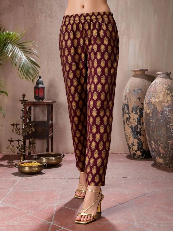 Globus Women Wine Embroidered V-Neck Gold Foil Floral Print Alia Cut A-Line Kurta With Pants Festive Set