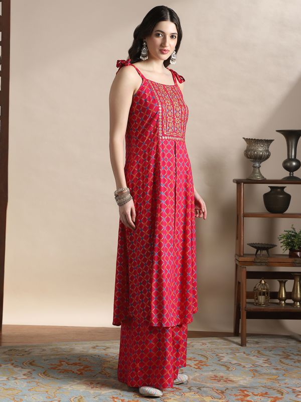 Globus Women Pink Coin Detail Tie-Up Shoulder Straps Embroidered Yoke Ethnic Foil Print Front Slit A-Line Kurta & Palazzos Festive Set