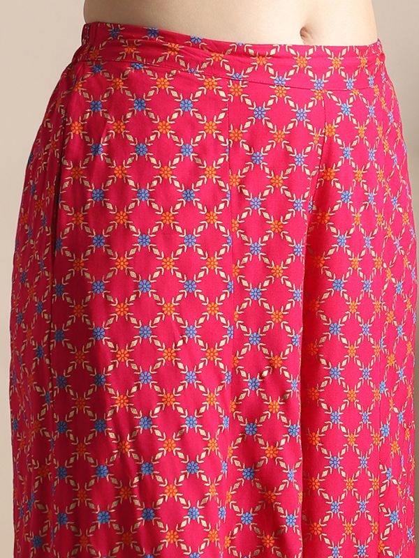 Globus Women Pink Coin Detail Tie-Up Shoulder Straps Embroidered Yoke Ethnic Foil Print Front Slit A-Line Kurta & Palazzos Festive Set
