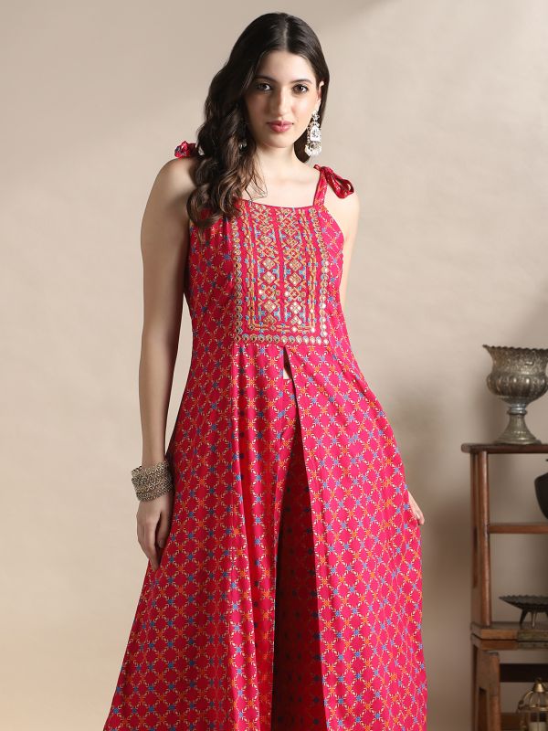 Globus Women Pink Coin Detail Tie-Up Shoulder Straps Embroidered Yoke Ethnic Foil Print Front Slit A-Line Kurta & Palazzos Festive Set