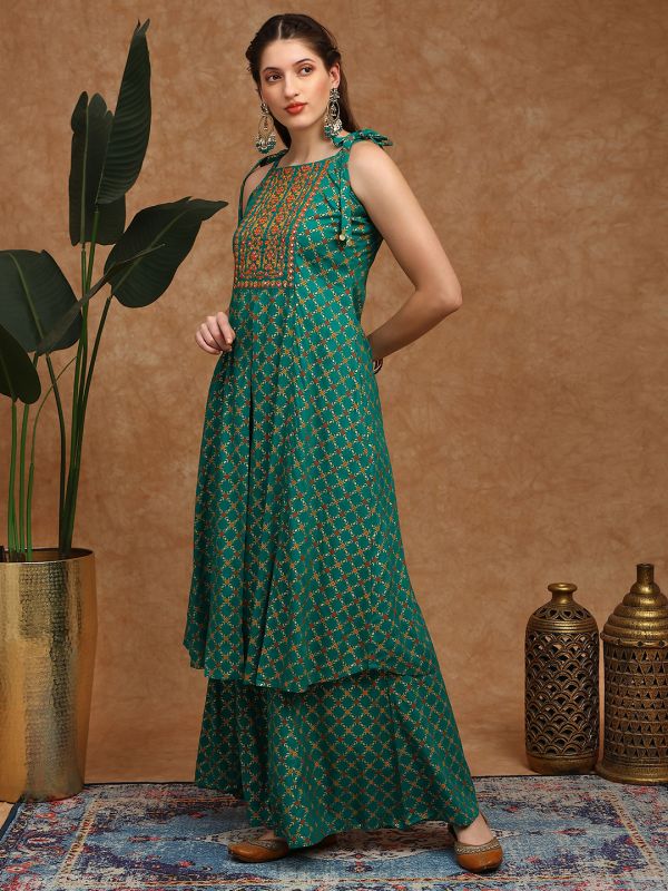 Globus Women Green Coin Detail Tie-Up Shoulder Straps Embroidered Yoke Ethnic Foil Print Front Slit A-Line Kurta & Palazzos Festive Set