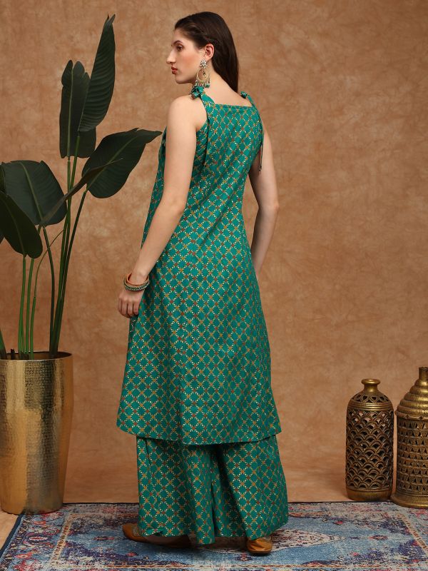 Globus Women Green Coin Detail Tie-Up Shoulder Straps Embroidered Yoke Ethnic Foil Print Front Slit A-Line Kurta & Palazzos Festive Set