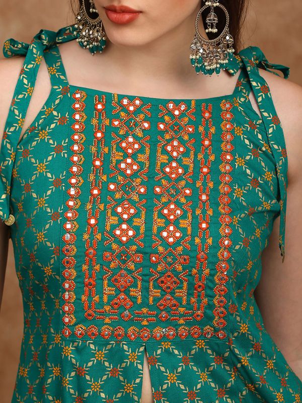 Globus Women Green Coin Detail Tie-Up Shoulder Straps Embroidered Yoke Ethnic Foil Print Front Slit A-Line Kurta & Palazzos Festive Set