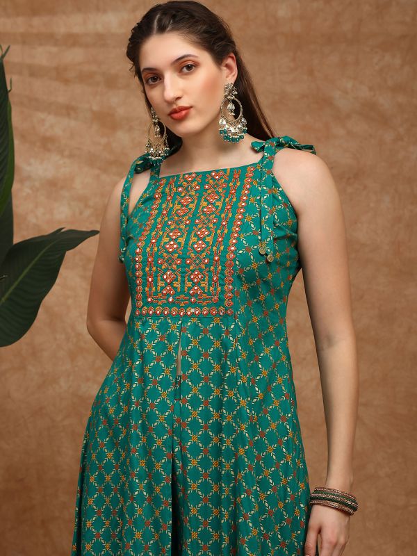Globus Women Green Coin Detail Tie-Up Shoulder Straps Embroidered Yoke Ethnic Foil Print Front Slit A-Line Kurta & Palazzos Festive Set