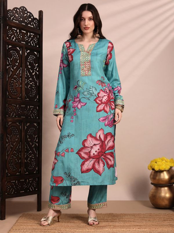 Globus Women Teal Floral Printed Round Neck Mirror Work Sequin Embroidered Straight Kurta & Pant Festive Set, Long Sleeves Kurta Set