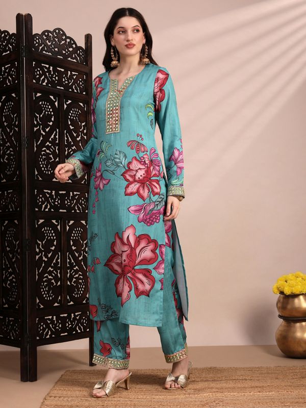 Globus Women Teal Floral Printed Round Neck Mirror Work Sequin Embroidered Straight Kurta & Pant Festive Set, Long Sleeves Kurta Set