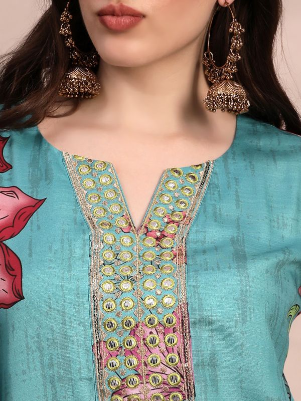Globus Women Teal Floral Printed Round Neck Mirror Work Sequin Embroidered Straight Kurta & Pant Festive Set, Long Sleeves Kurta Set