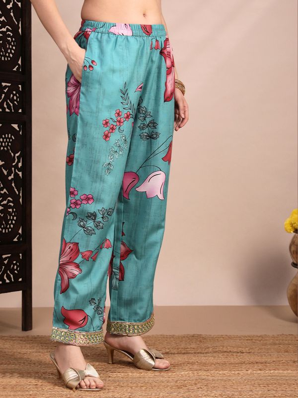Globus Women Teal Floral Printed Round Neck Mirror Work Sequin Embroidered Straight Kurta & Pant Festive Set, Long Sleeves Kurta Set