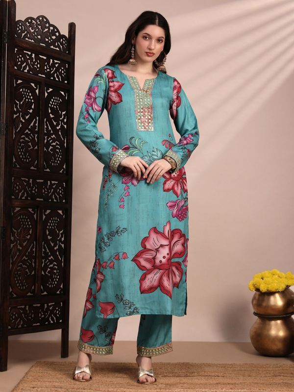 Globus Women Teal Floral Printed Round Neck Mirror Work Sequin Embroidered Straight Kurta & Pant Festive Set, Long Sleeves Kurta Set