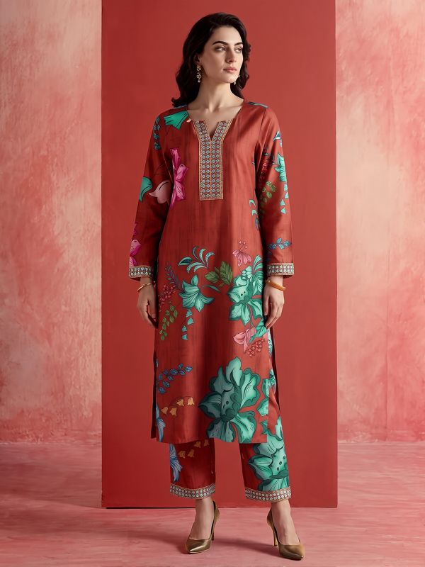 Globus Women Rust V-Neck Floral Printed Sequin & Mirror Embroidered Yoke Detail Straight Kurta With Wide Leg Pant Fusion Set