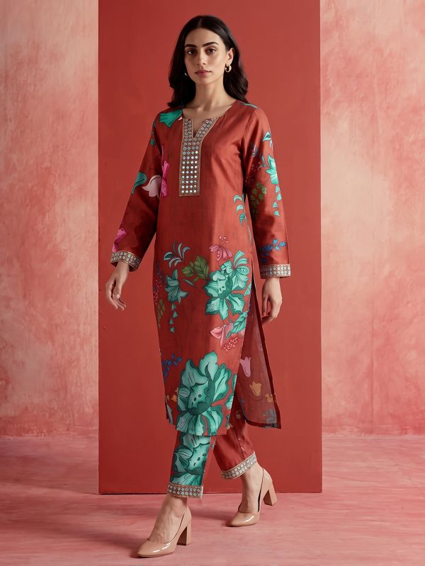 Globus Women Rust V-Neck Floral Printed Sequin & Mirror Embroidered Yoke Detail Straight Kurta With Wide Leg Pant Fusion Set