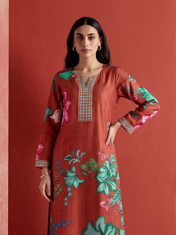 Globus Women Rust V-Neck Floral Printed Sequin & Mirror Embroidered Yoke Detail Straight Kurta With Wide Leg Pant Fusion Set