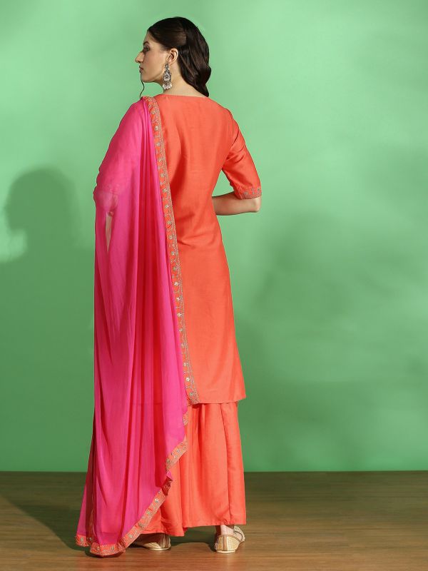 Globus Women Orange Embroidered Yoke Zari Work Straight Kurta With Sharara & Contrast Dupatta Festive Set