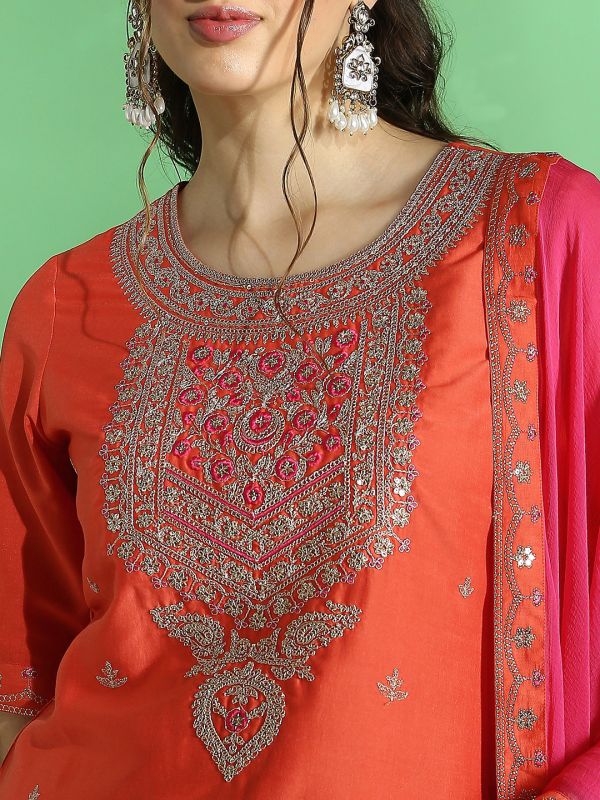 Globus Women Orange Embroidered Yoke Zari Work Straight Kurta With Sharara & Contrast Dupatta Festive Set