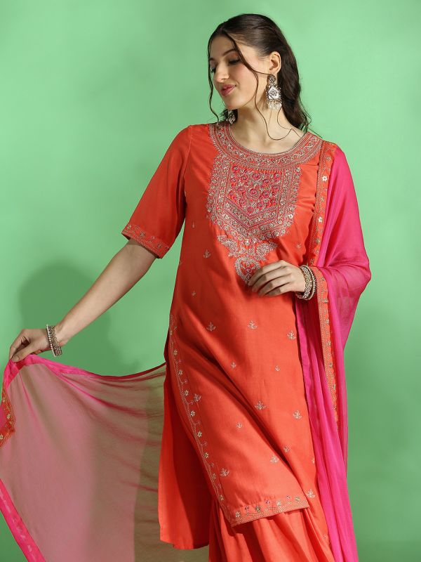 Globus Women Orange Embroidered Yoke Zari Work Straight Kurta With Sharara & Contrast Dupatta Festive Set