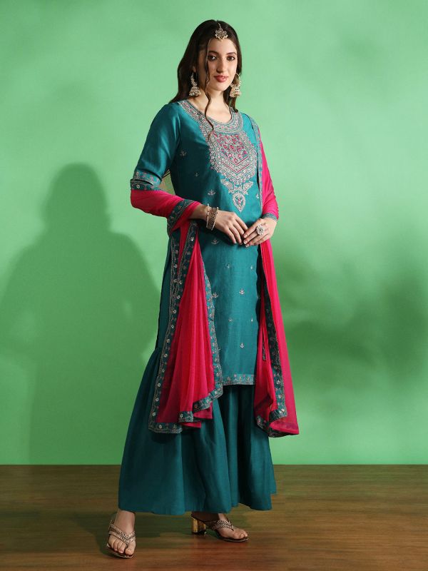 Globus Women Blue Embroidered Yoke Zari Work Straight Kurta With Sharara & Contrast Dupatta Festive Set