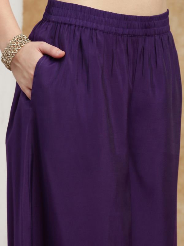 Globus Women Purple Square Neck Strappy Sleeves Sequin Detail Gotta Lace Hem A-Line Kurta With Palazzos & Frill Dupatta Festive Set