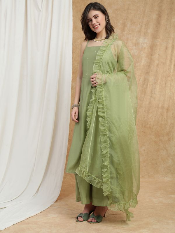 Globus Women Green Square Neck Strappy Sleeves Sequin Detail Gotta Lace Hem A-Line Kurta With Palazzos & Frill Dupatta Festive Set