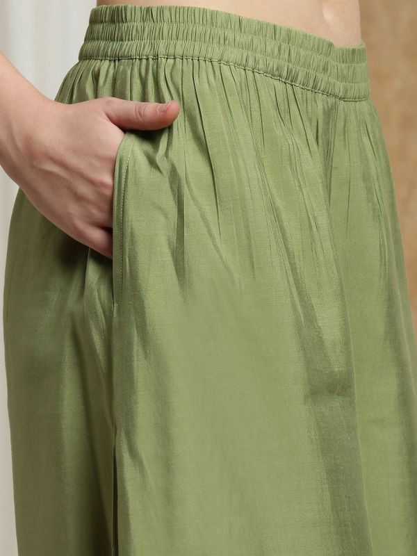 Globus Women Green Square Neck Strappy Sleeves Sequin Detail Gotta Lace Hem A-Line Kurta With Palazzos & Frill Dupatta Festive Set