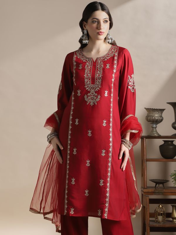 Globus Women Maroon Sequinned & Floral Zari Embroidered Yoke Bell Sleeves Straight Kurta With Pants & Tapping Dupatta Festive Set