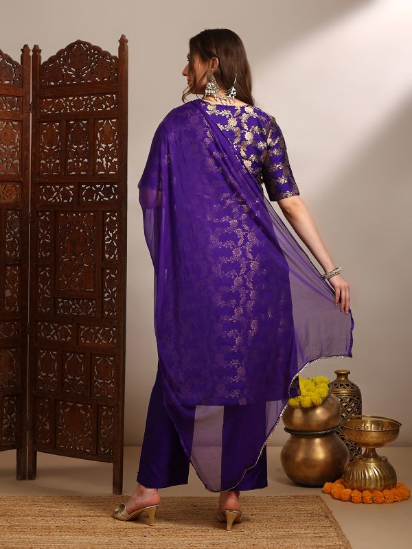 Globus Women Purple V-Neck Short Sleeves Floral Woven Design Straight Kurta With Pants & Taping Dupatta Festive Set