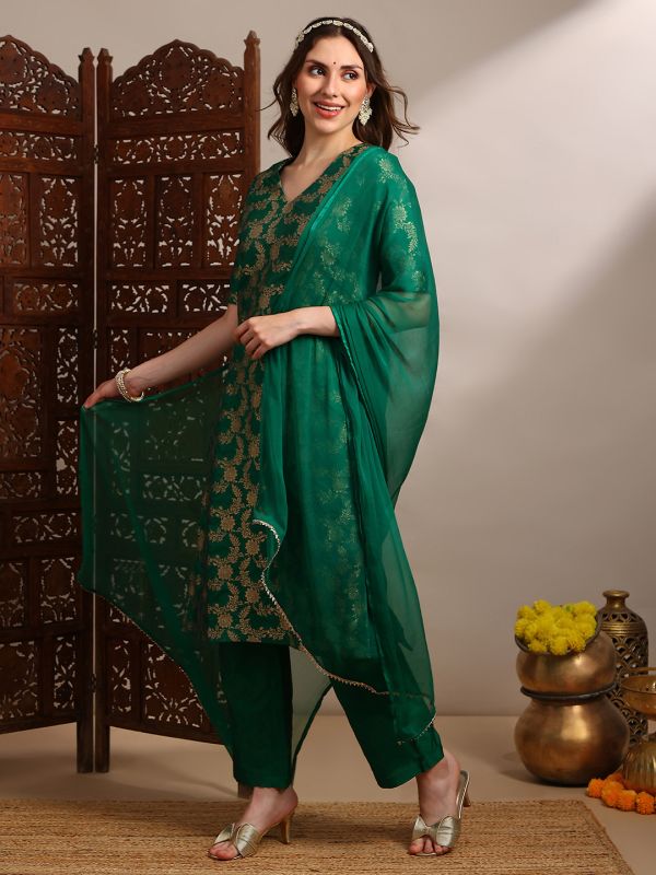 Globus Women Green V-Neck Short Sleeves Floral Woven Design Straight Kurta With Pants & Taping Dupatta Festive Set