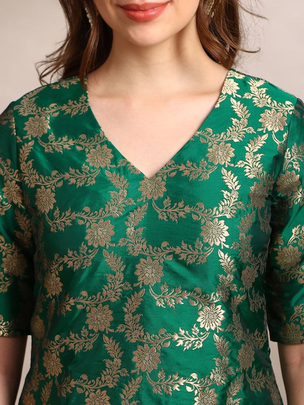 Globus Women Green V-Neck Short Sleeves Floral Woven Design Straight Kurta With Pants & Taping Dupatta Festive Set
