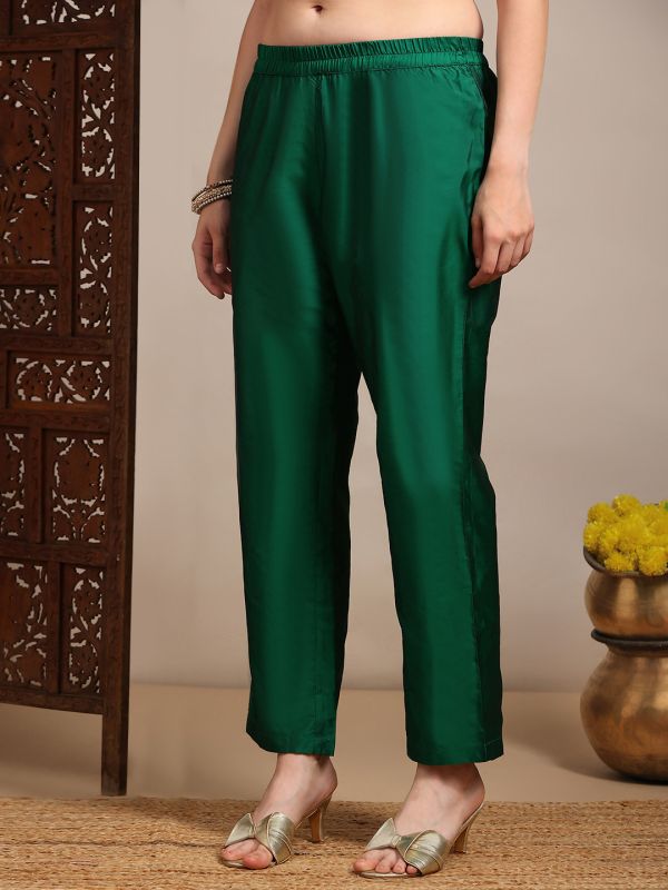 Globus Women Green V-Neck Short Sleeves Floral Woven Design Straight Kurta With Pants & Taping Dupatta Festive Set