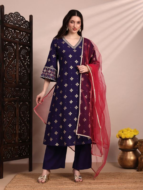 Globus Women Purple Ethnic Motifs Foil Print Bell Sleeves V-Neck Sequinned & Zari Embroidered Detail A-Line Kurta With Pant & Net Dupatta Festive Set