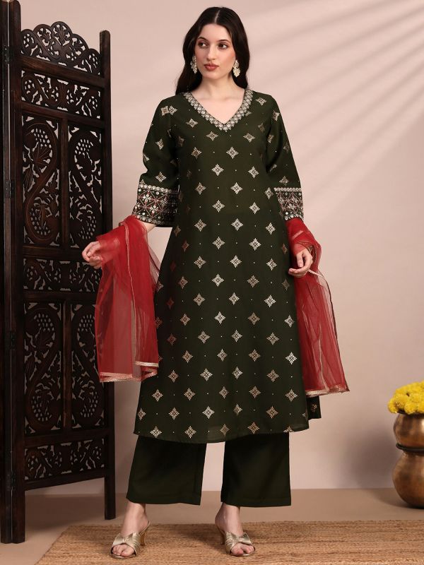 Globus Women Olive Ethnic Motifs Foil Print Bell Sleeves V-Neck Sequinned & Zari Embroidered Detail A-Line Kurta With Pant & Net Dupatta Festive Set