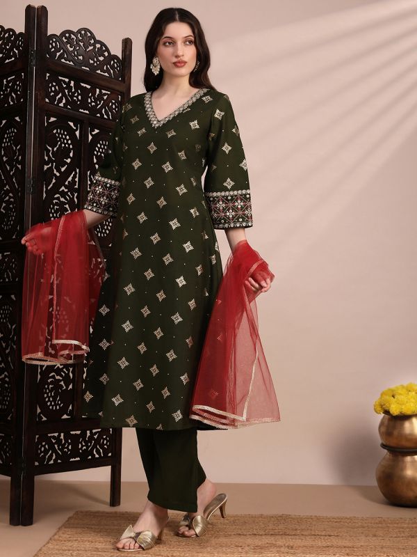 Globus Women Olive Ethnic Motifs Foil Print Bell Sleeves V-Neck Sequinned & Zari Embroidered Detail A-Line Kurta With Pant & Net Dupatta Festive Set
