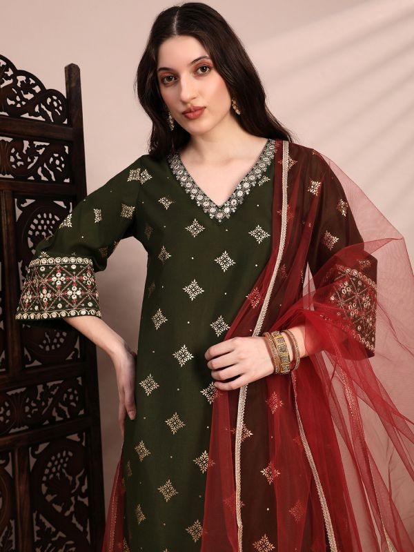 Globus Women Olive Ethnic Motifs Foil Print Bell Sleeves V-Neck Sequinned & Zari Embroidered Detail A-Line Kurta With Pant & Net Dupatta Festive Set