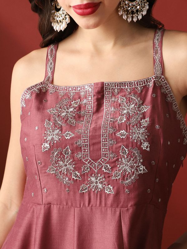 Globus Women Rust Sequinned Embroidered Yoke Round Neck Strappy Sleeves Anarkali Kurta With Pant & Dupatta Festive Set
