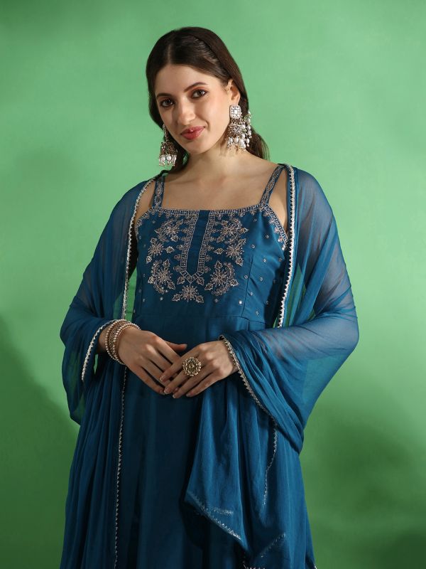 Globus Women Blue Sequin Embroidered Yoke Square Neck Strappy Sleeves Anarkali Kurta With Pant & Dupatta Set