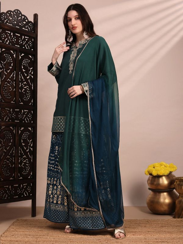 Globus Women Green Zari Embroidered Yoke Round Neck Short Kurta With Allover Foil Printed Sharara & Ombre Dupatta Festive Set