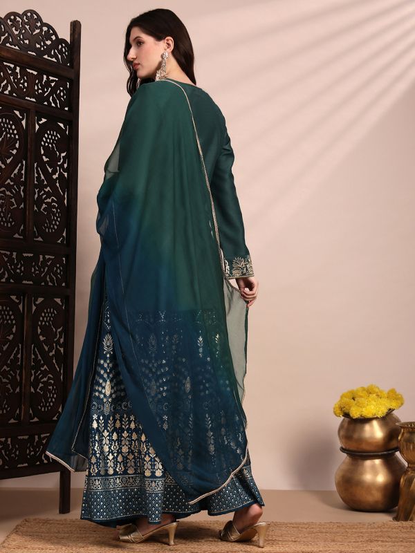 Globus Women Green Zari Embroidered Yoke Round Neck Short Kurta With Allover Foil Printed Sharara & Ombre Dupatta Festive Set
