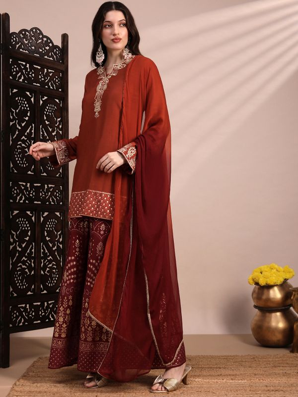 Globus Women Orange Zari Embroidered Yoke Round Neck Short Kurta With Allover Foil Printed Sharara & Ombre Dupatta Festive Set