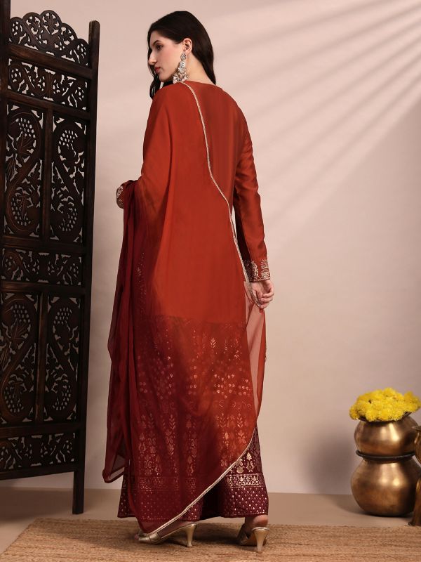 Globus Women Orange Zari Embroidered Yoke Round Neck Short Kurta With Allover Foil Printed Sharara & Ombre Dupatta Festive Set