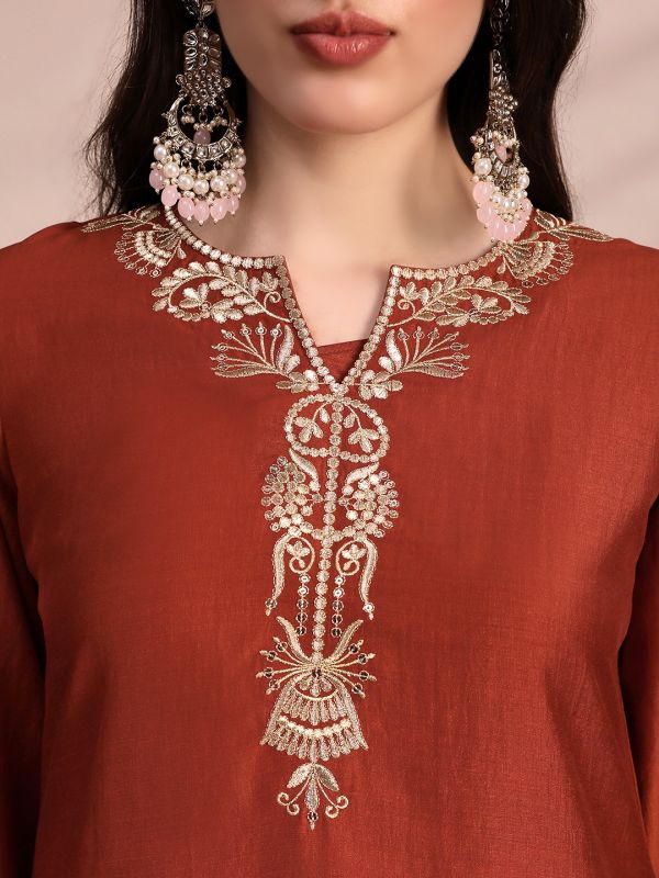 Globus Women Orange Zari Embroidered Yoke Round Neck Short Kurta With Allover Foil Printed Sharara & Ombre Dupatta Festive Set
